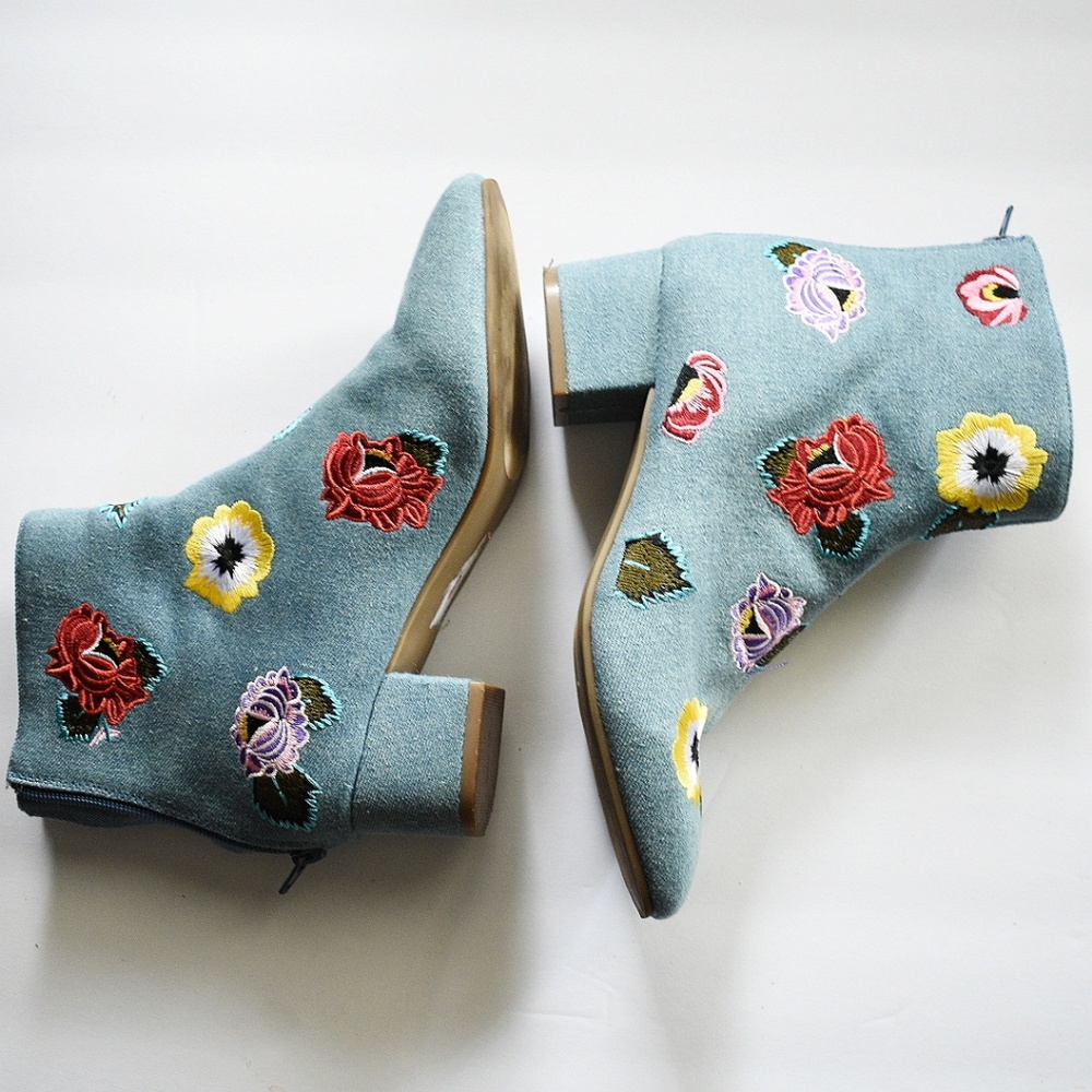 Betsey Johnson Teal Embroidered Floral Ankle Boots